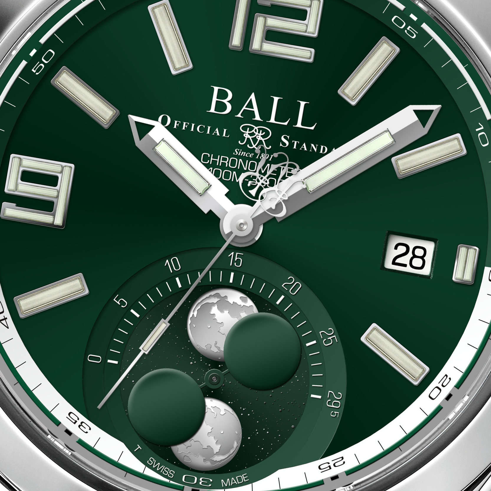 Tarcza zegarka Ball Engineer II Moon Phase Chronometer 41 mm NM2282C-S1C-GR z podówjnym wskaźnikiem faz księżyca w zielonym kolorze