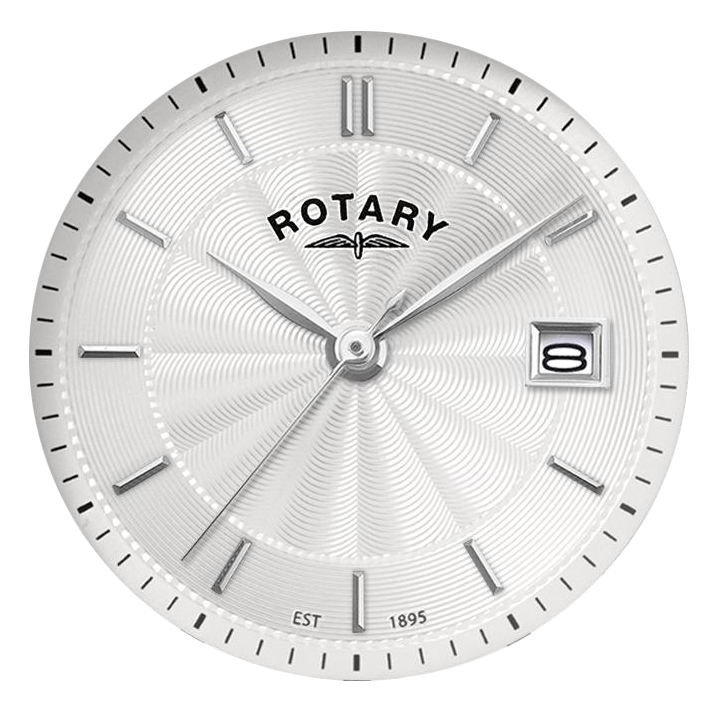 Biała tarcza guilloche z czarną podziałką minutową zegarka Rotary Heritage LB05420/02