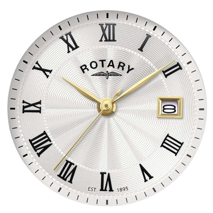 Biała tarcza guilloche z rzymskimi cyframi zegarka Rotary Heritage LB05423/01