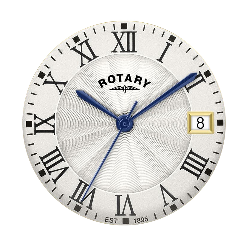 Biała tarcza guilloche z rzymskimi cyframi zegarka Rotary Heritage RLB10010/70