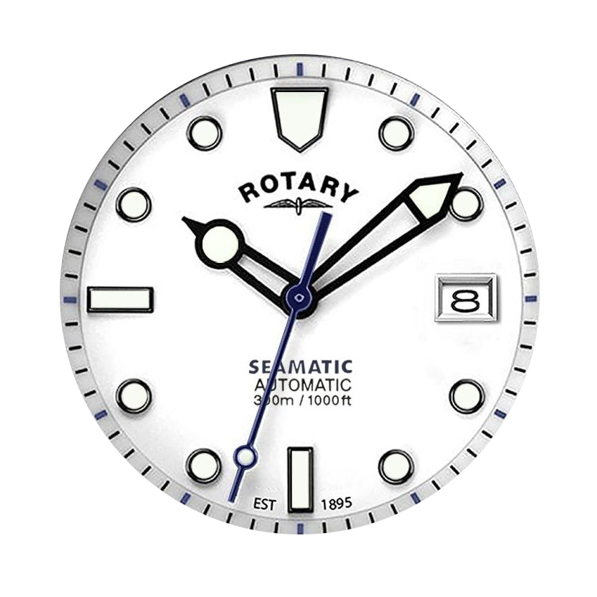 Biała tarcza z czarnymi indeksami zegarka Rotary Seamatic 300 RGB05430/29