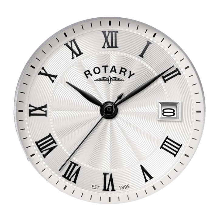 Biała tarcza z misternym wzorem guilloche i rzymskimi cyframi zegarka Rotary Heritage LS05420/01