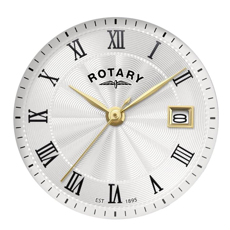 Biała tarcza z rzymskimi cyframi zegarka Rotary Windsor LB05421/01
