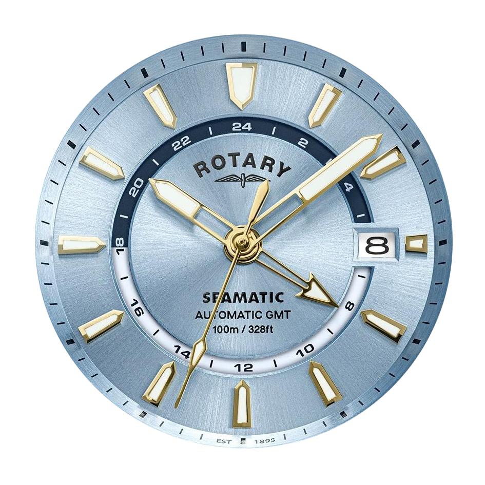 Błękitna tarcza w złotej kopercie zegarka Rotary Seamatic 100 GMT RGB10044/57