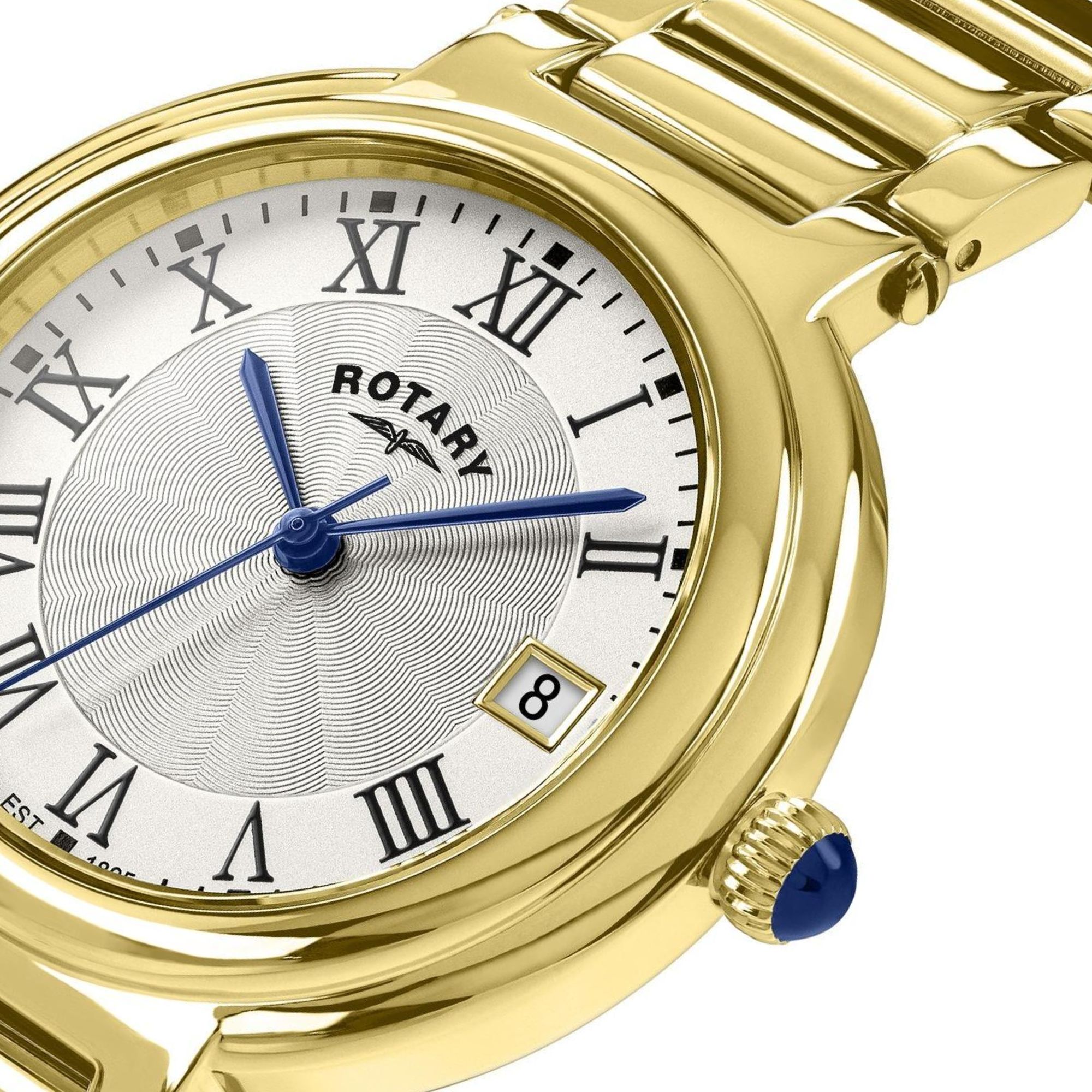 Błękitne wskazówki i niebieski kaboszon zegarka Rotary Heritage RLB10010/70