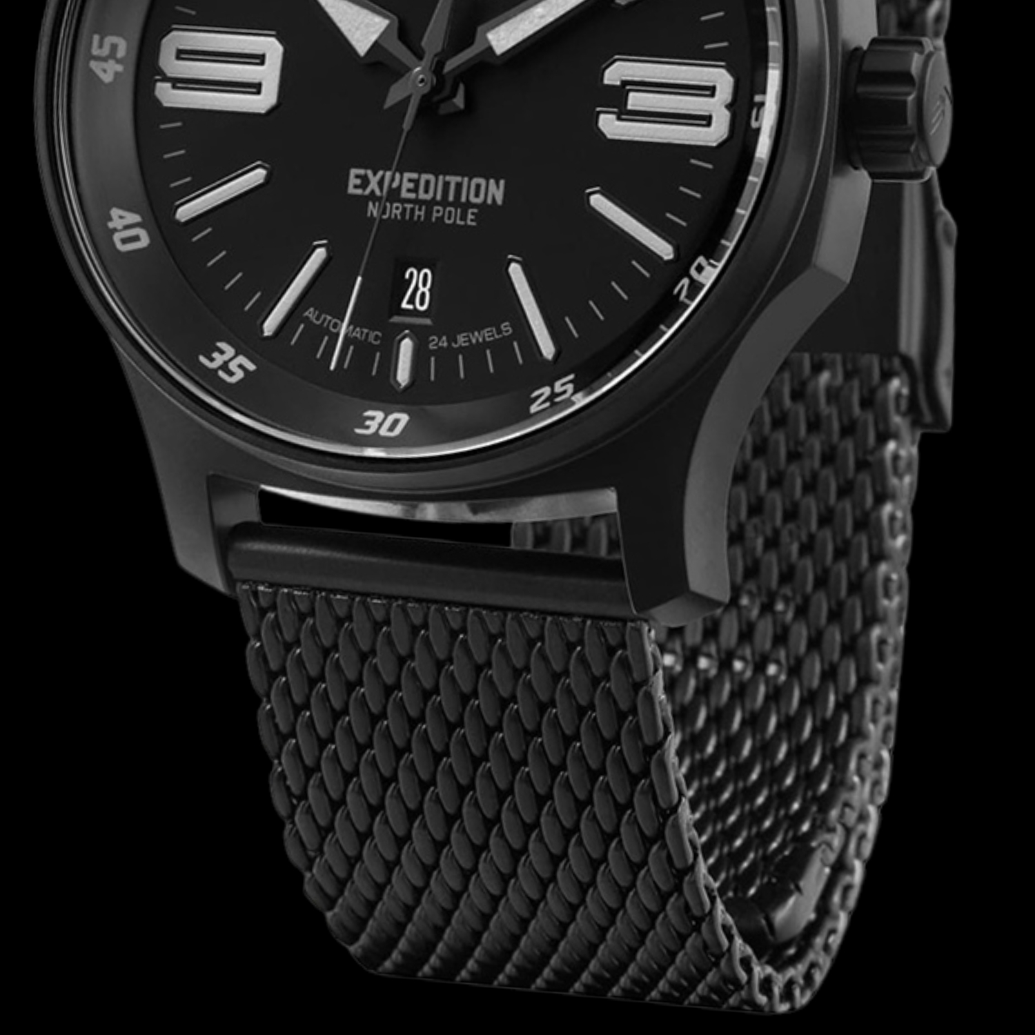 Czarna bransoleta mesh w zegarku Vostok Europe Expedition North Pole 1 Automatic 43mm YN55-592C556B 