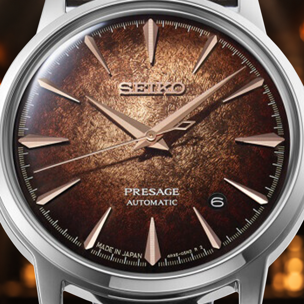 Brązowa tarcza zegarka Seiko Presage Cocktail Time Crushed Ice HCB003J1 Whiskey Mist
