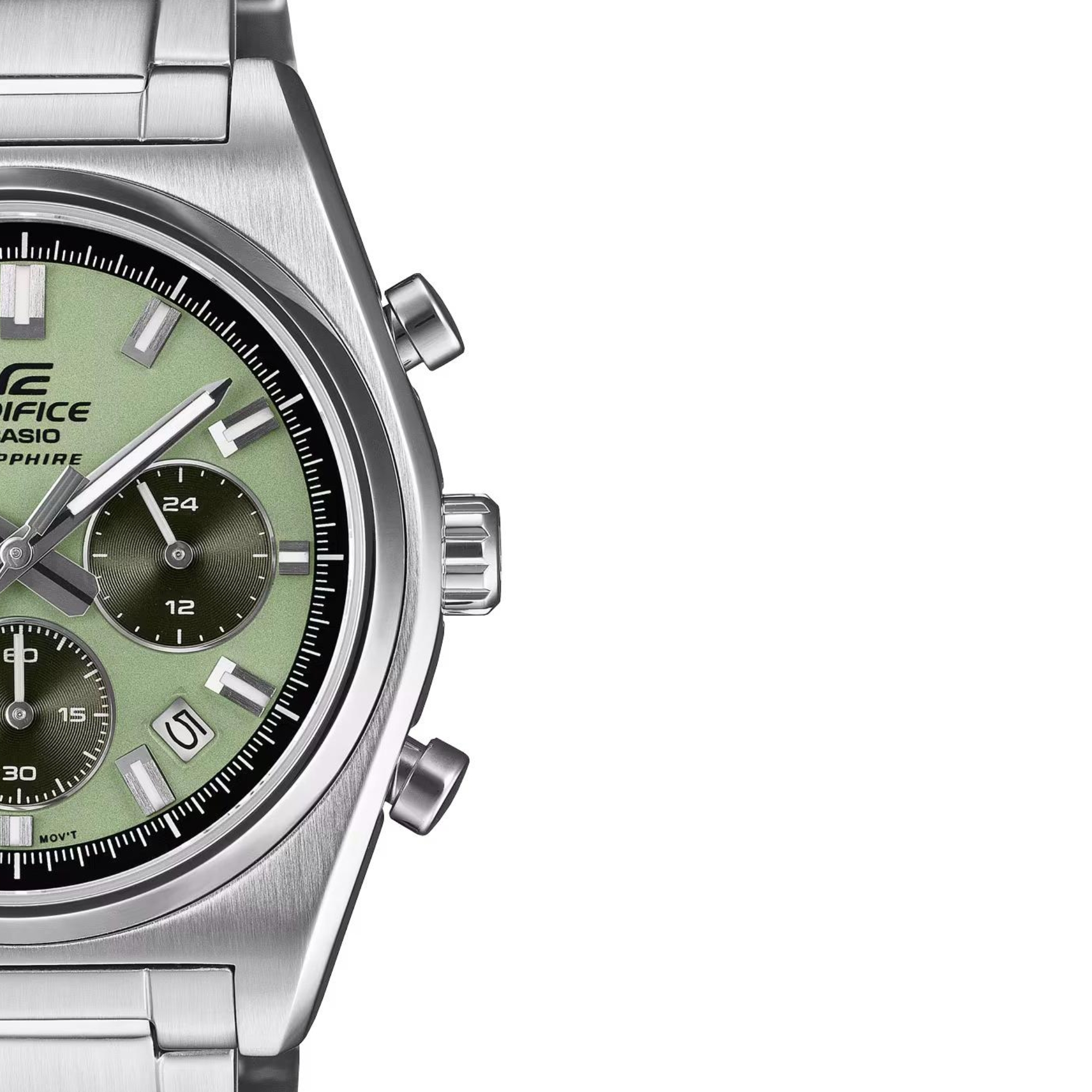 Zegarek z mechanizmem kwarcowym oraz zieloną tarczą zn datownikiem w stalowej kopercie