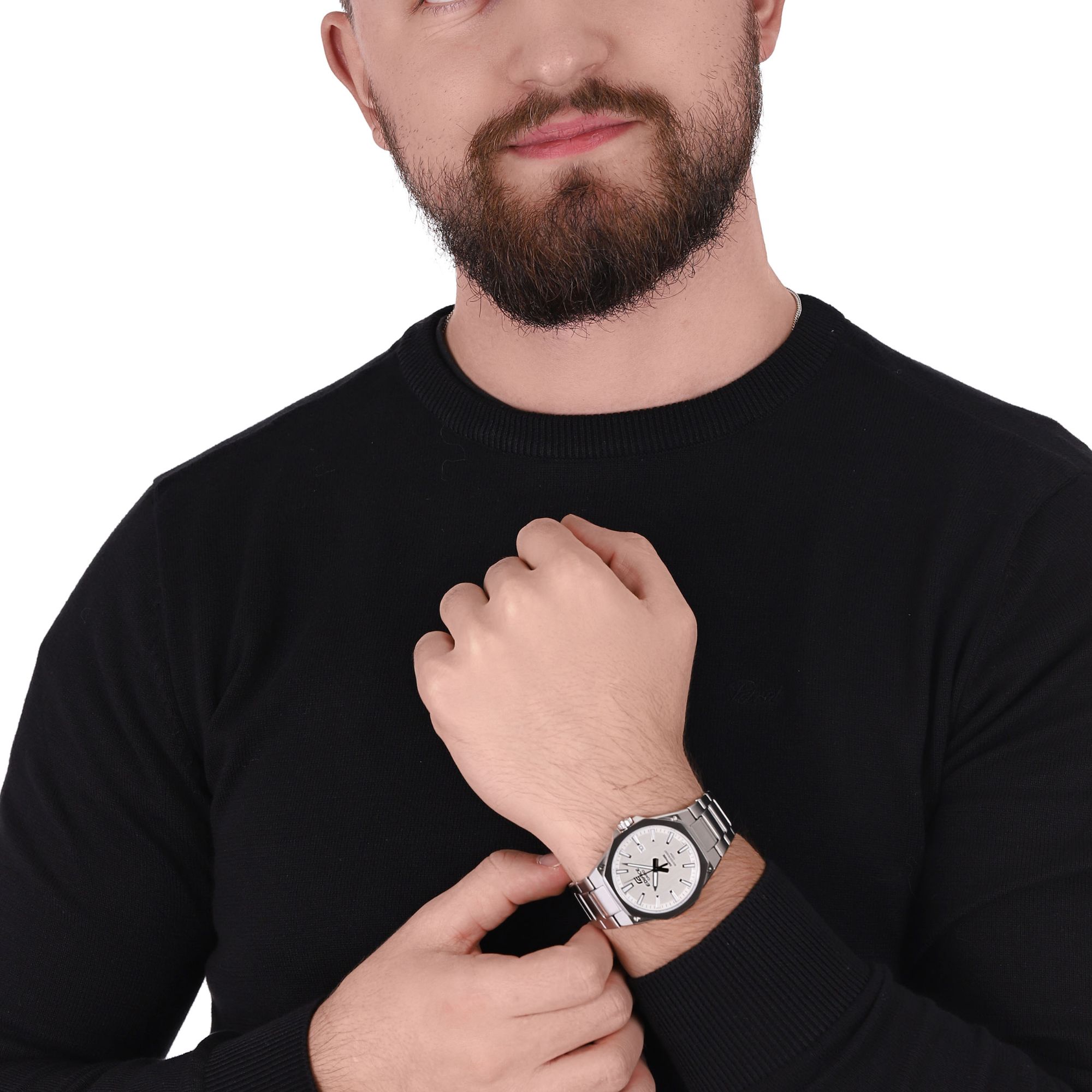 Zegarek z mechanizmem kwarcowym w srebrnej kolorystyce z jasną tarczą z datownikiem
