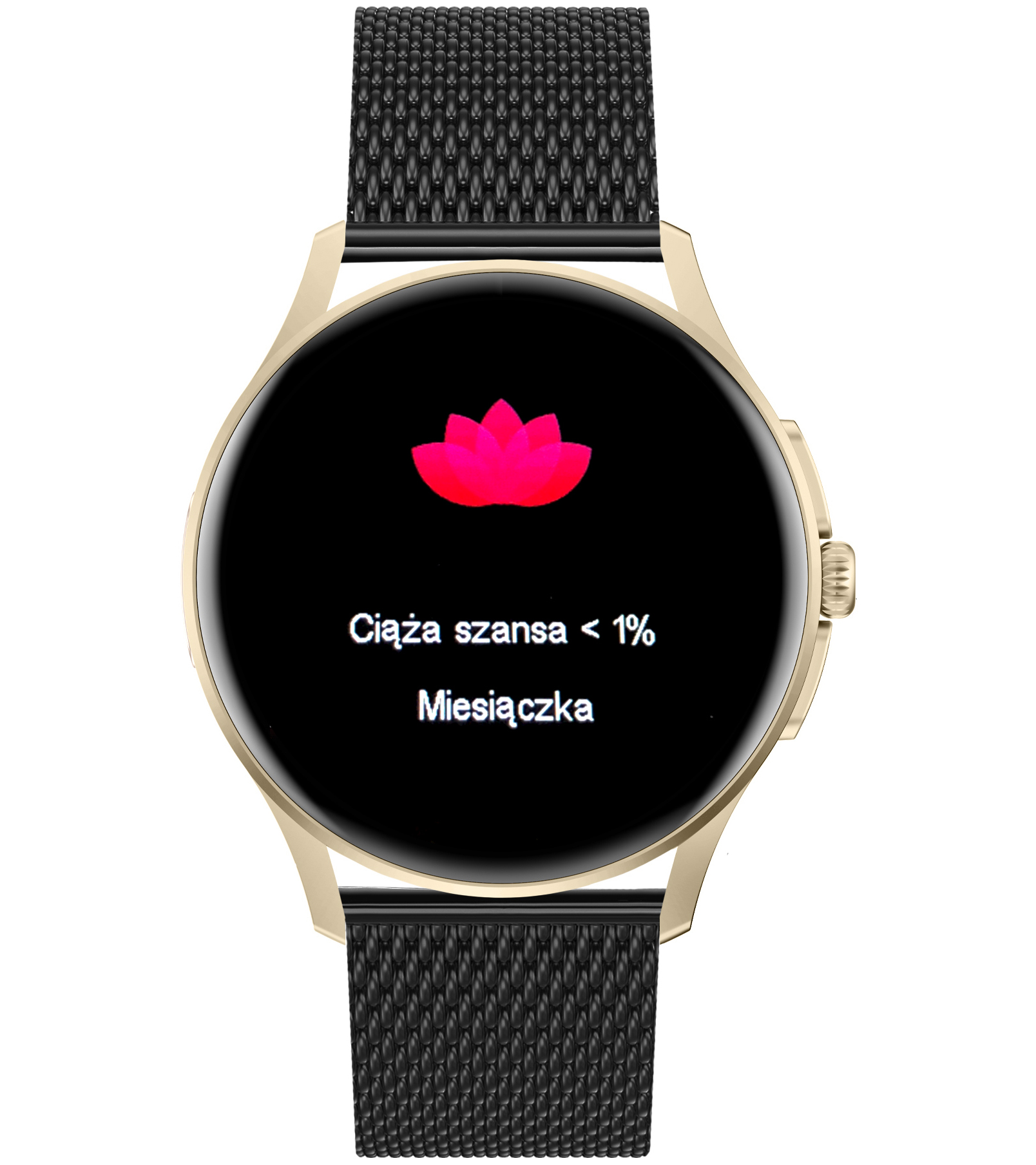 Damski smartwatch Enter Candice na czarnej bransolecie mesh wyświetlający na tarczy funkcję śledzenia cyklu miesiączkowego
