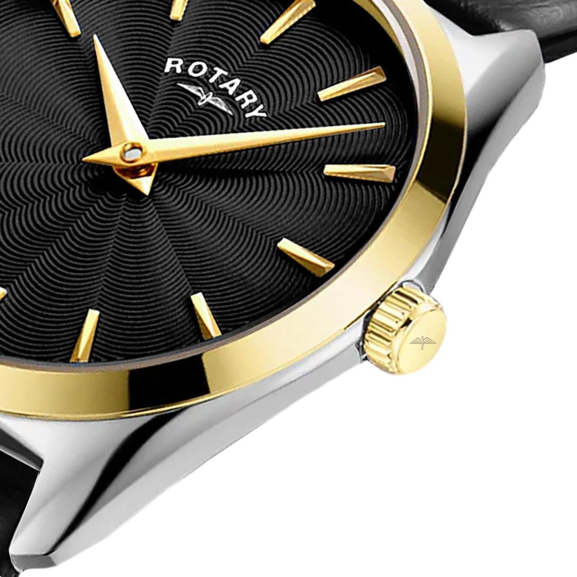 Czarna tarcza z promienistym wzorem guilloche i złotymi indeksami zegarka Rotary Ultra Slim LS08011/04