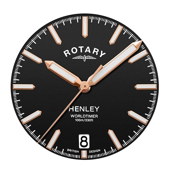Czarna tarcza zegarka Rotary Henley Worldtimer GB05372/04