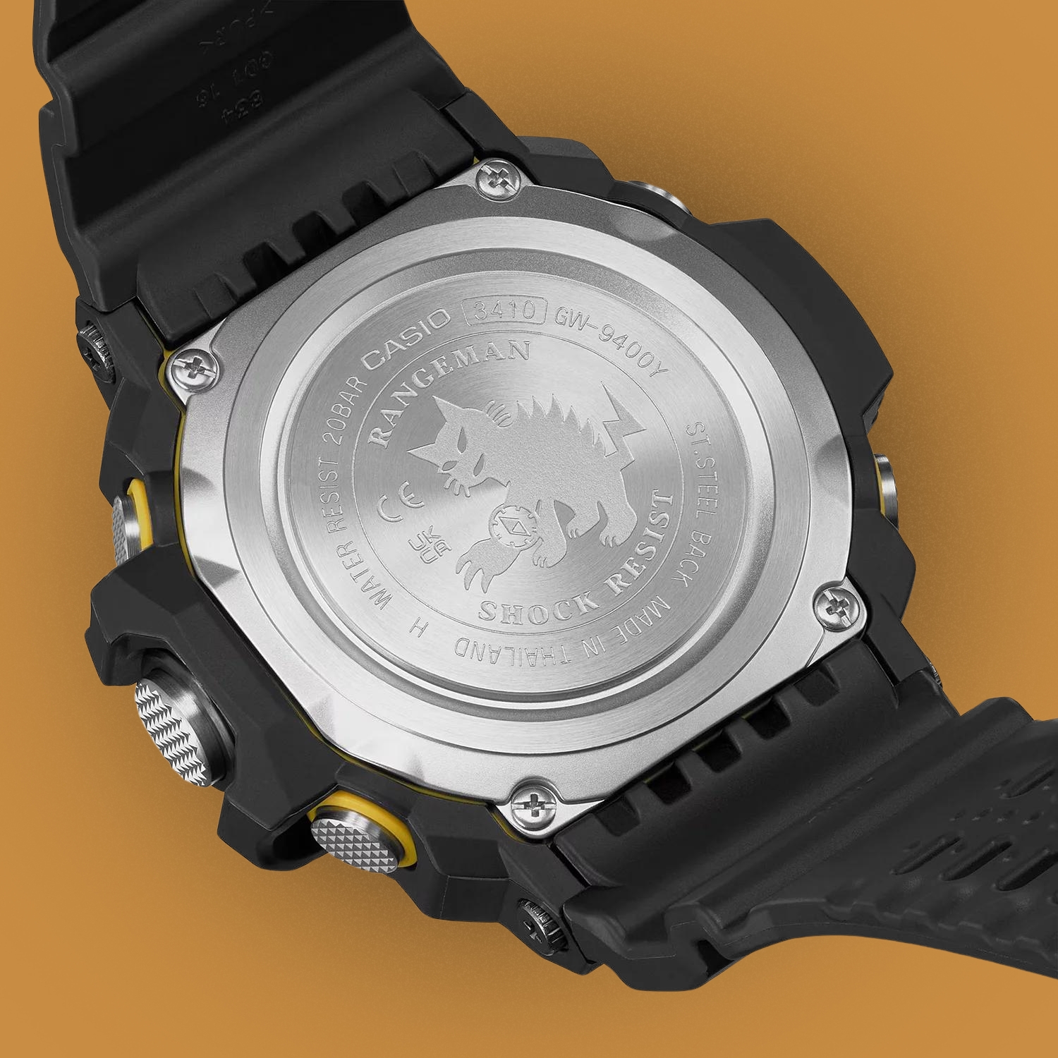 Dekiel z wizerunkiem kota wyspowego w zegarku G-SHOCK Casio RANGEMAN GW-9400Y-1ER