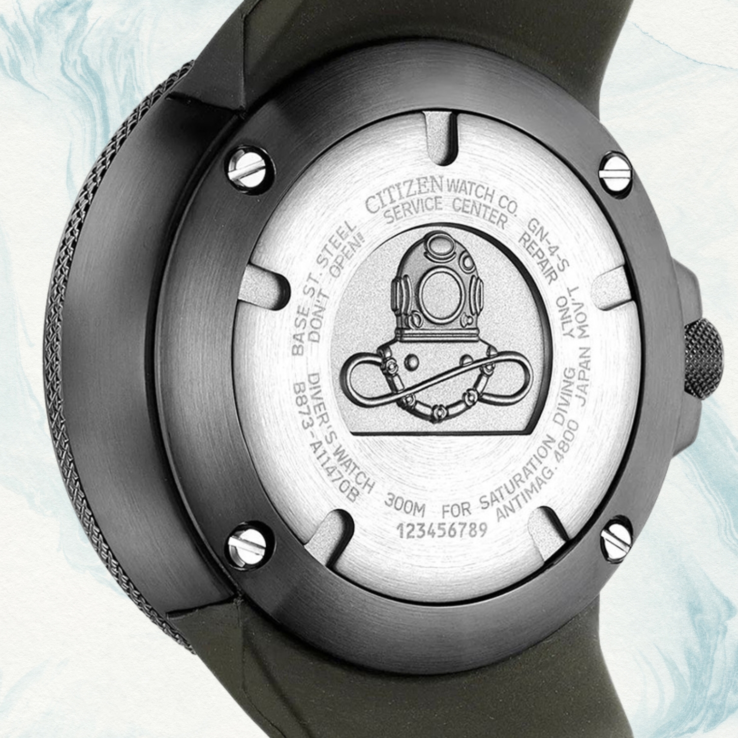 Dekiel z miedzianym hełmem nurkowym na zegarku Citizen PROMASTER ECO-DRIVE 300M BJ8055-04X