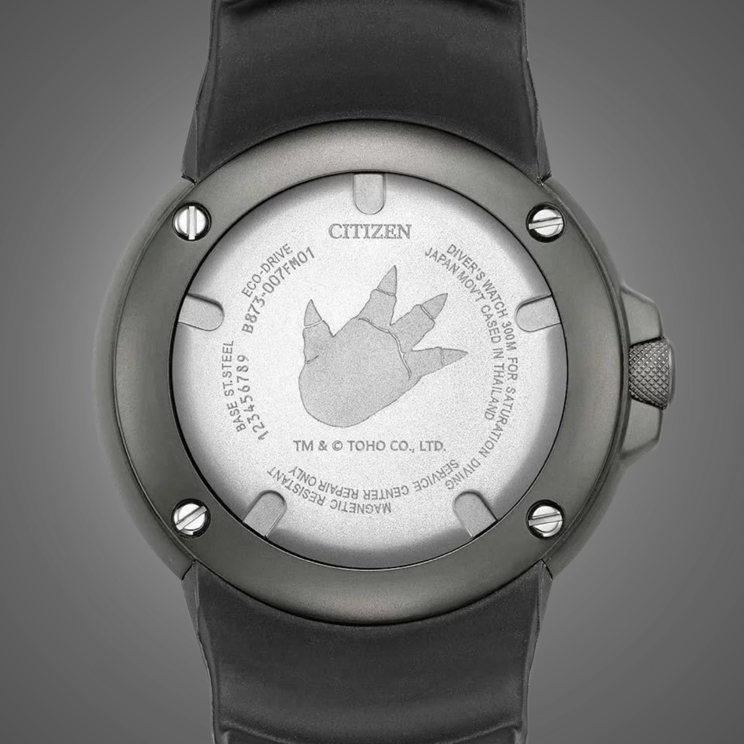 Dekiel z grawerem odcisku łapy Godzilli w zegarku Citizen Promaster Marine Godzilla BJ8059-03Z 