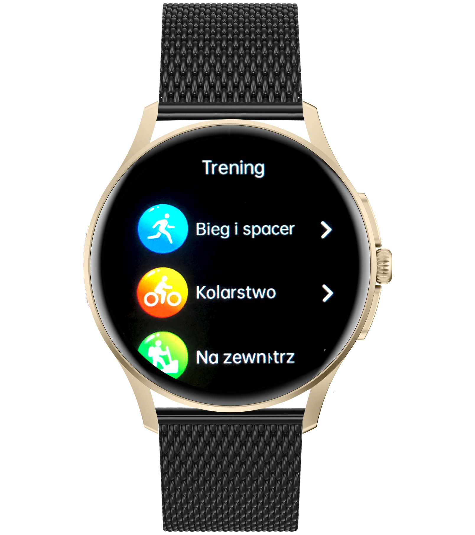 Damski smartwatch Enter Candice na czarnej bransolecie mesh pokazujący menu różnorodnych treningów