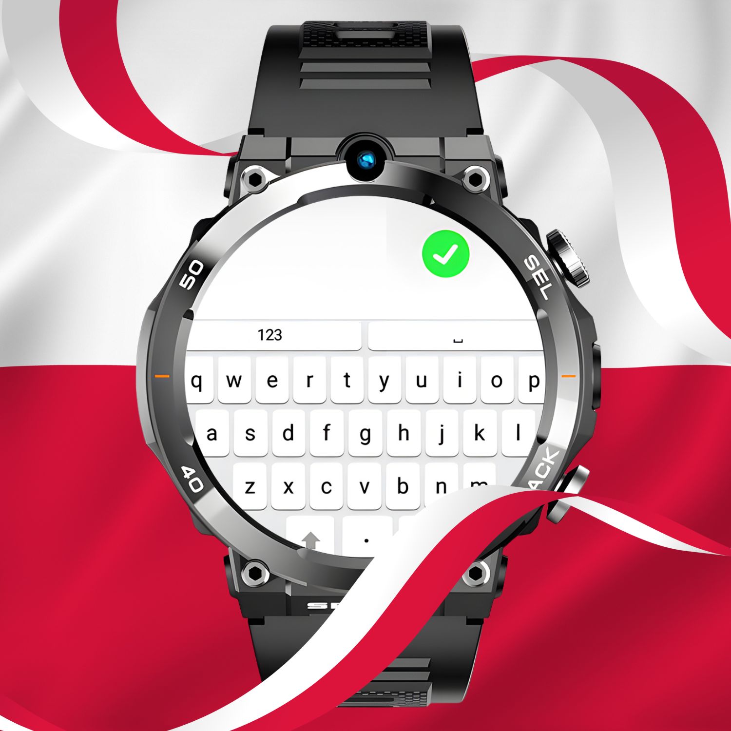 Cyfrowy zegarek na tle dwukolorowej flagi z klawiaturą QWERTY wyświetloną na tarczy.