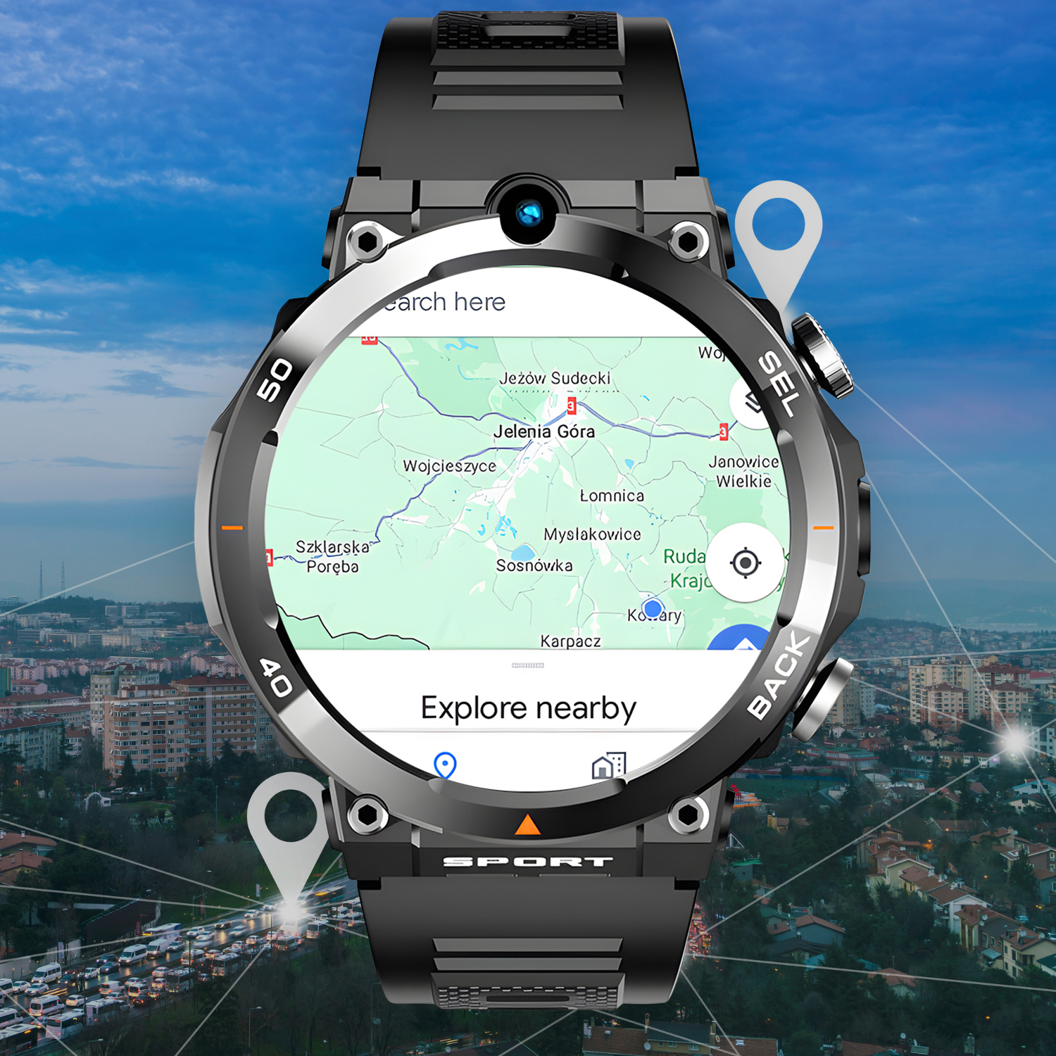 Zegarek sportowy z mapą na tarczy pokazującą Jelenią Górę i okolice na tle miasta.