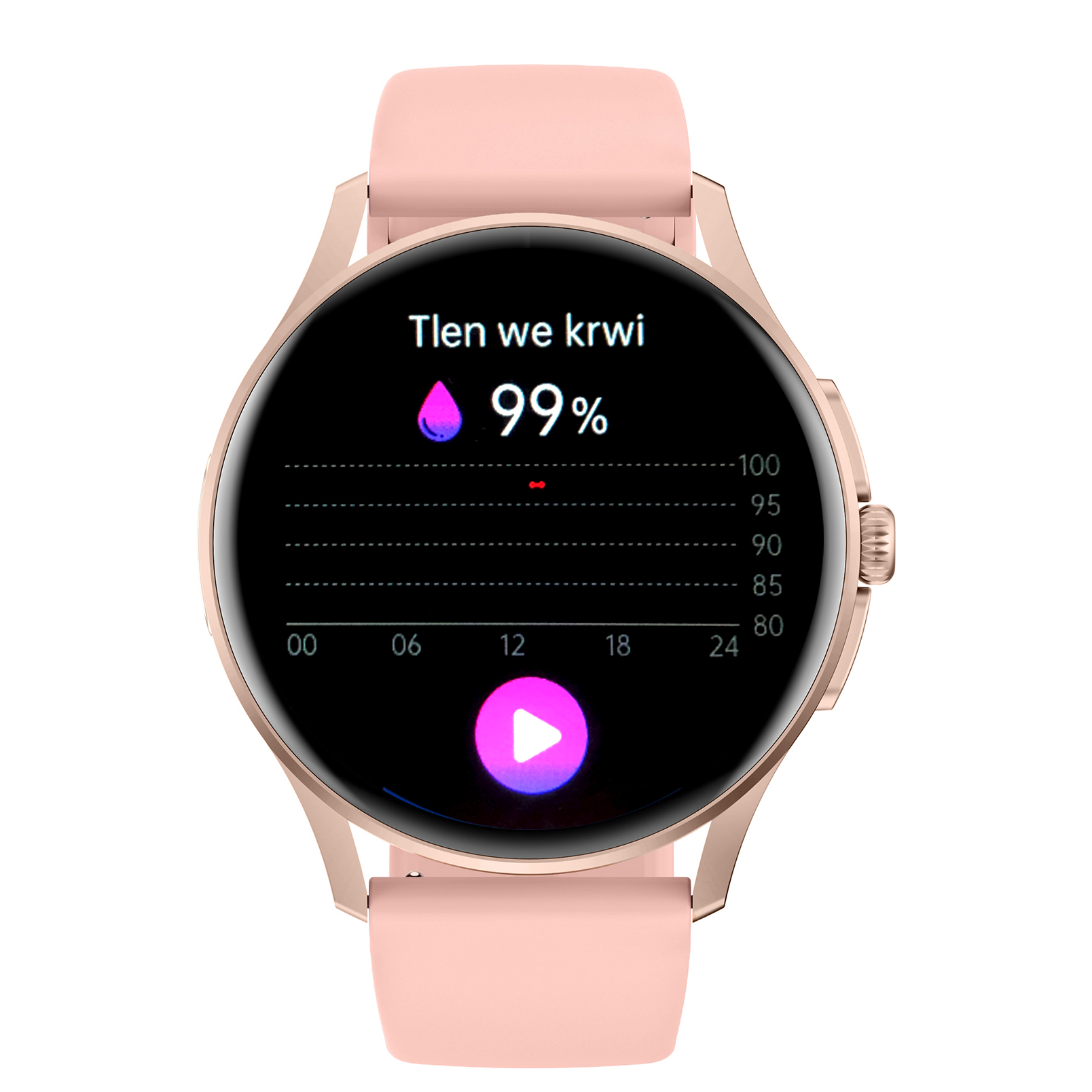 Damski smartwatch Enter Candice na rózowym pasku pokazujący poziom tlenu we krwi wynoszący 99%