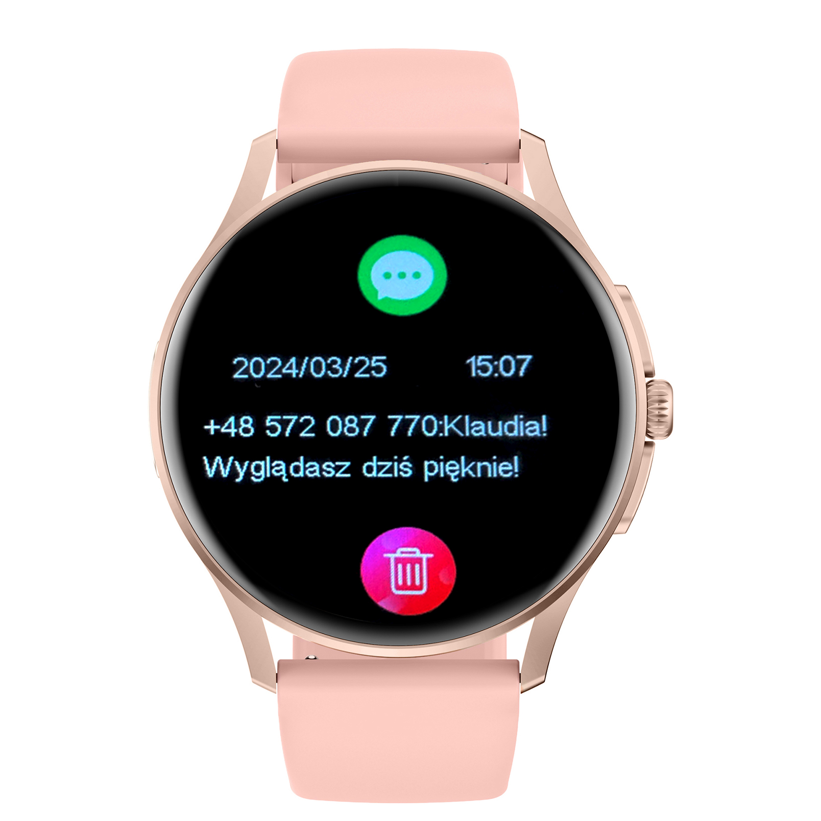 Damski smartwatch Enter Candice na różowym pasku wyświetlający datę, godzinę i treść przychodzącej wiadomości