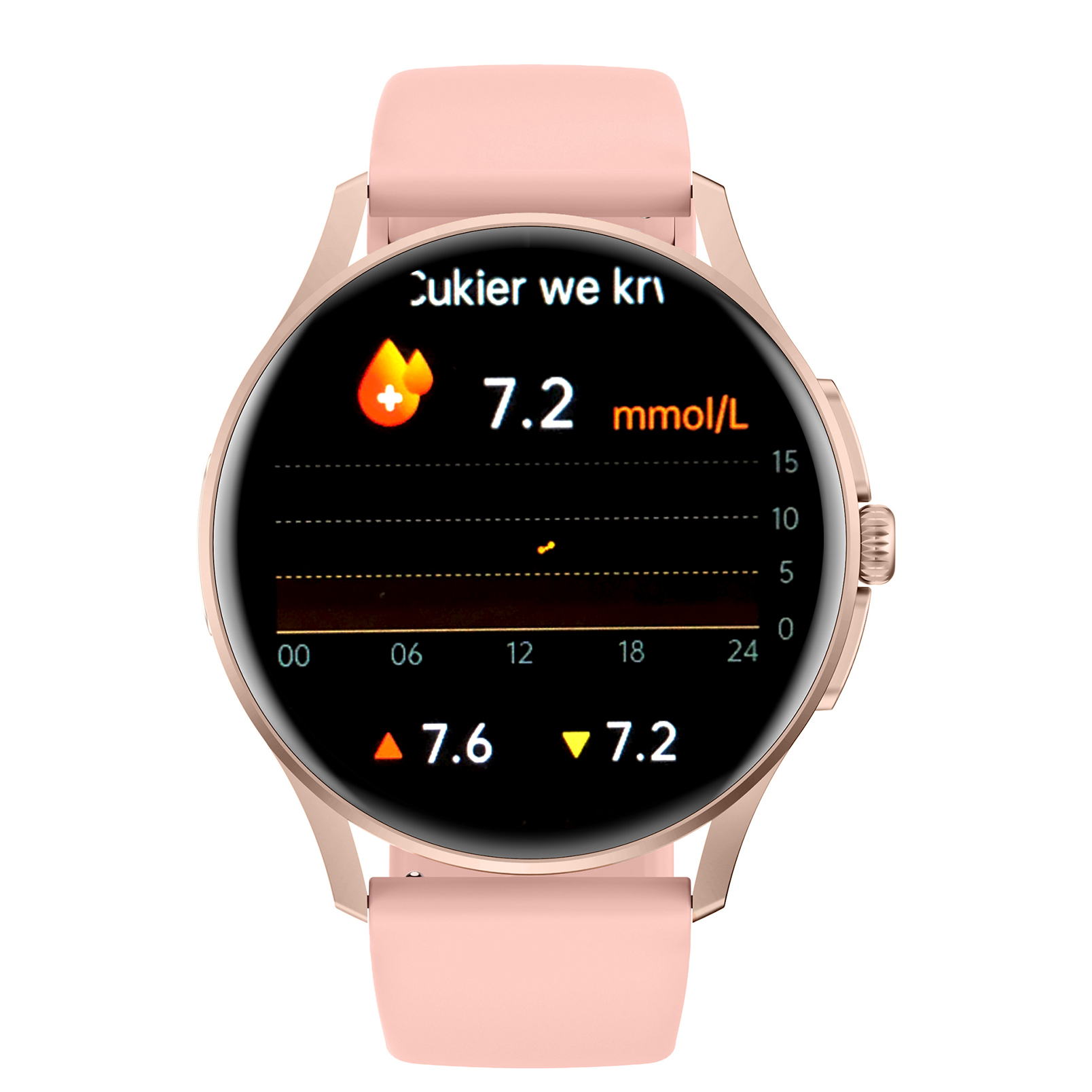 Zegarek Enter Candice na różowym pasku z wyświetlaczem pokazującym poziom cukru we krwi 7.2 mmol/L