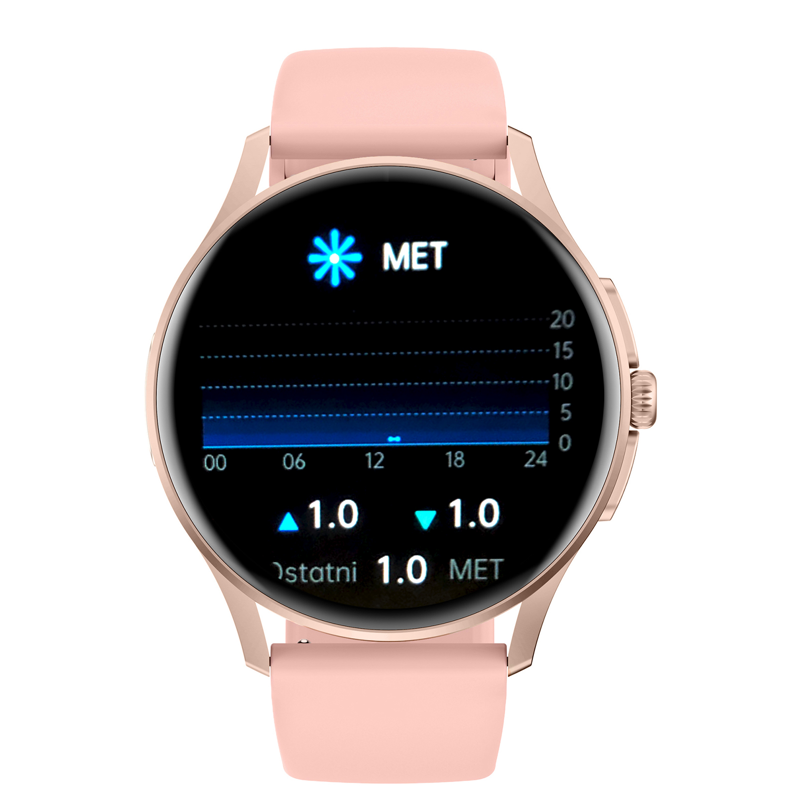 Damski smartwatch Enter Candice na różowym pasku z dostępną funkcją monitora stresu widoczną na tarczy