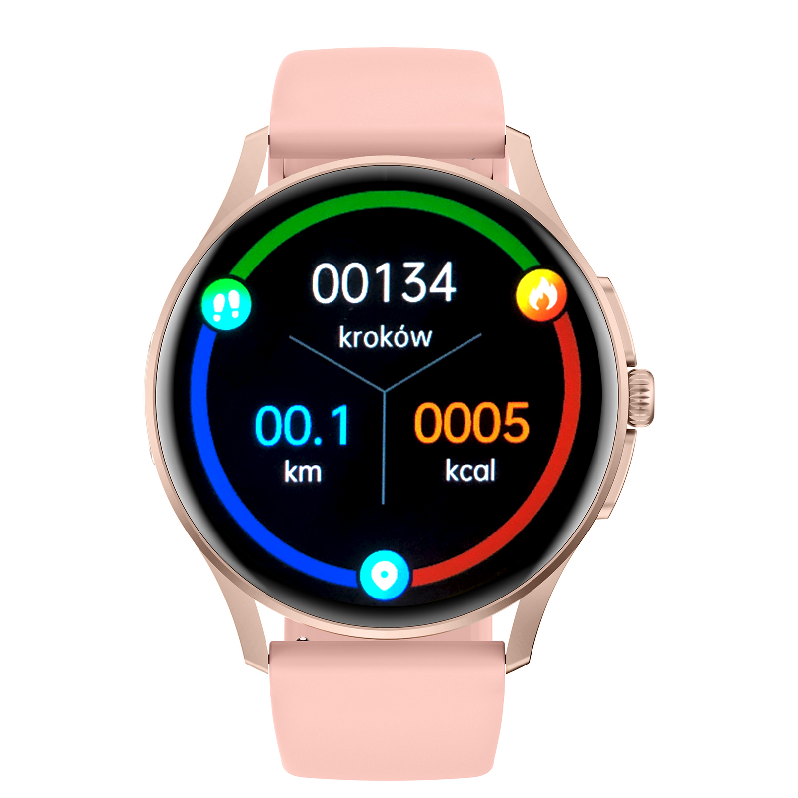 Damski smartwatch Enter Candice na różowym pasku wyświetlający kroki, dystans i spalone kalorie