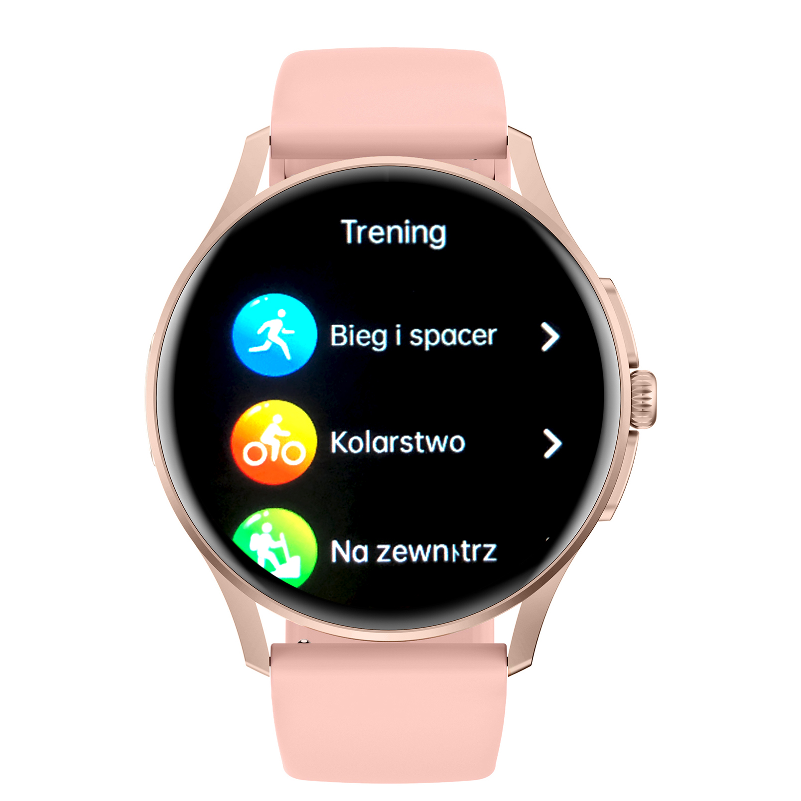 Damski smartwatch Enter Candice na różowym pasku pokazujący menu różnorodnych treningów