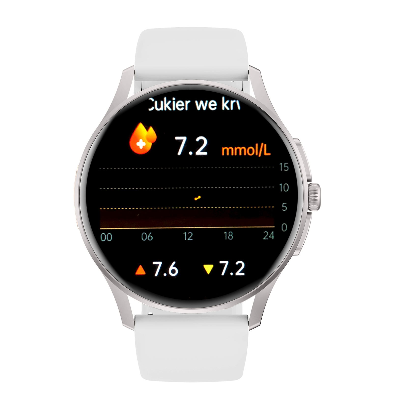 Zegarek Enter Candice na bialym pasku z wyświetlaczem pokazującym poziom cukru we krwi 7.2 mmol/L