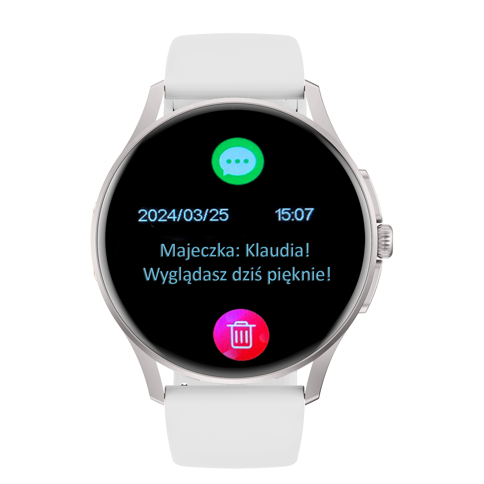 Damski smartwatch Enter Candice na białym pasku wyświetlający datę, godzinę i treść przychodzącej wiadomości