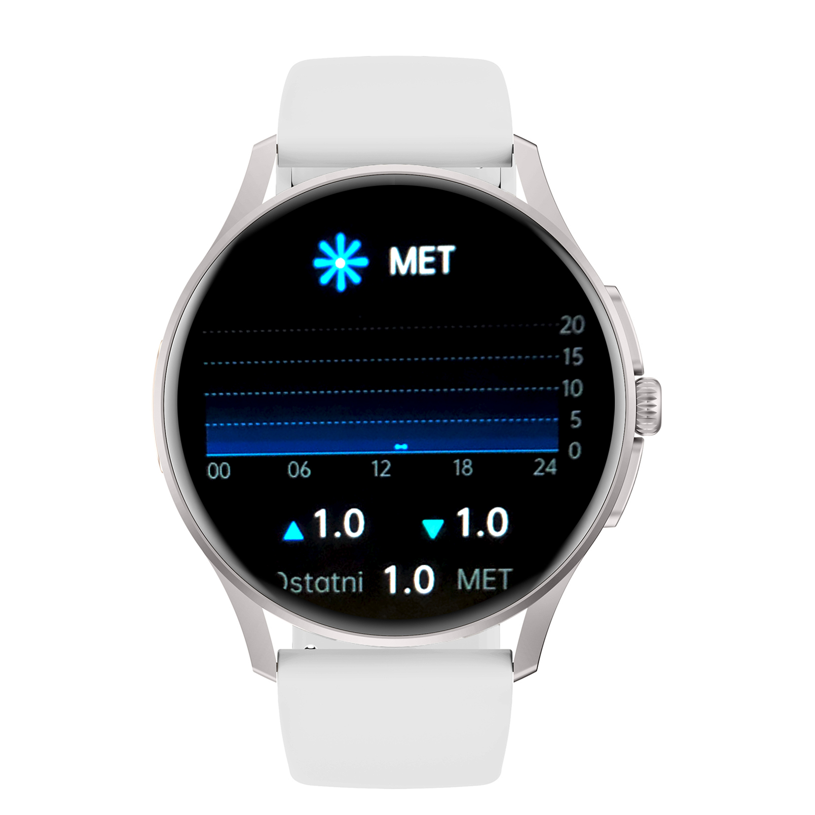 Damski smartwatch Enter Candice na białym pasku z dostępną funkcją monitora stresu widoczną na tarczy