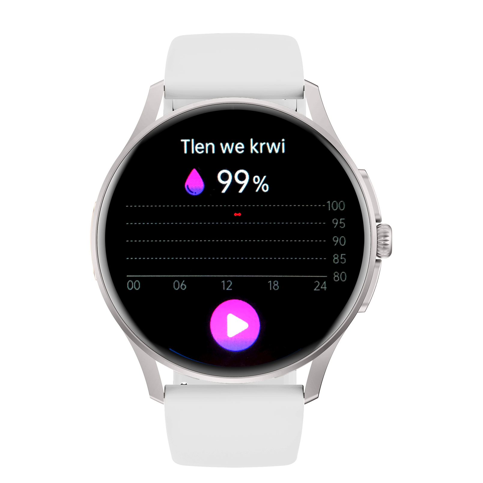 Damski smartwatch Enter Candice na bialym pasku pokazujący poziom tlenu we krwi wynoszący 99%