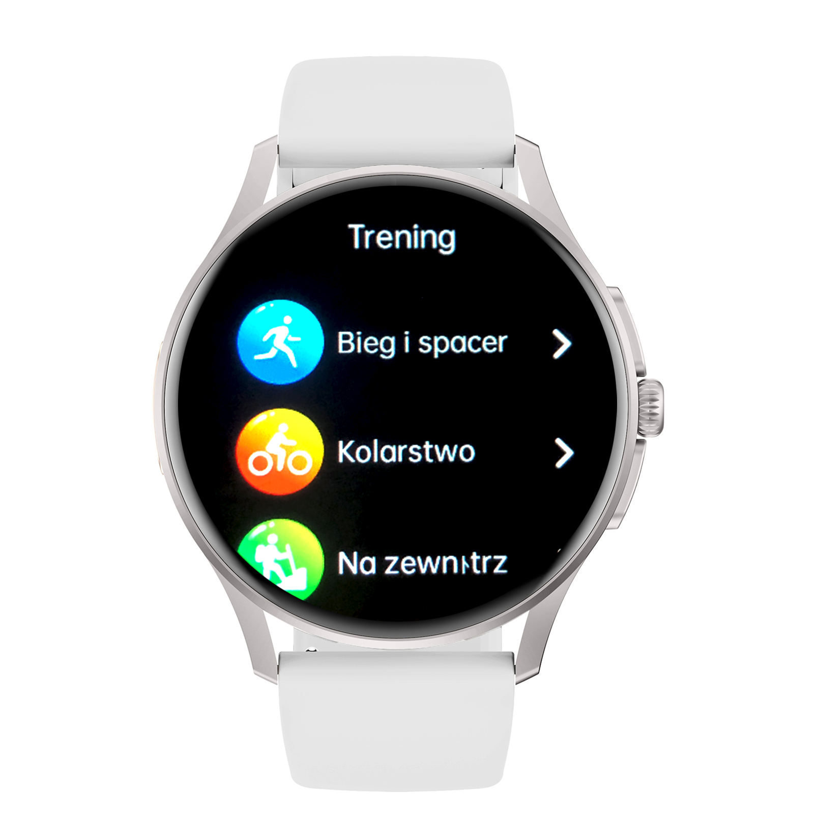 Damski smartwatch Enter Candice na białym pasku pokazujący menu różnorodnych treningów