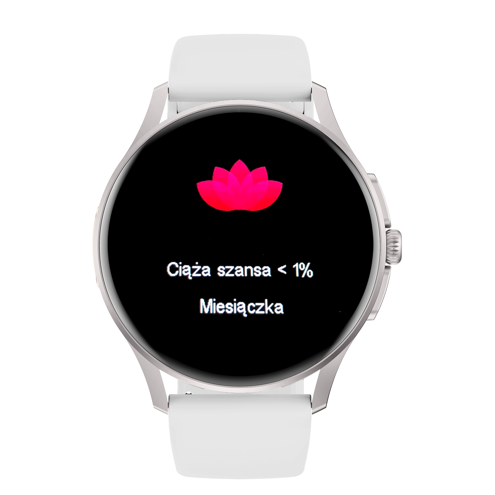 Damski smartwatch Enter Candice na białym pasku wyświetlający na tarczy funkcję śledzenia cyklu miesiączkowego