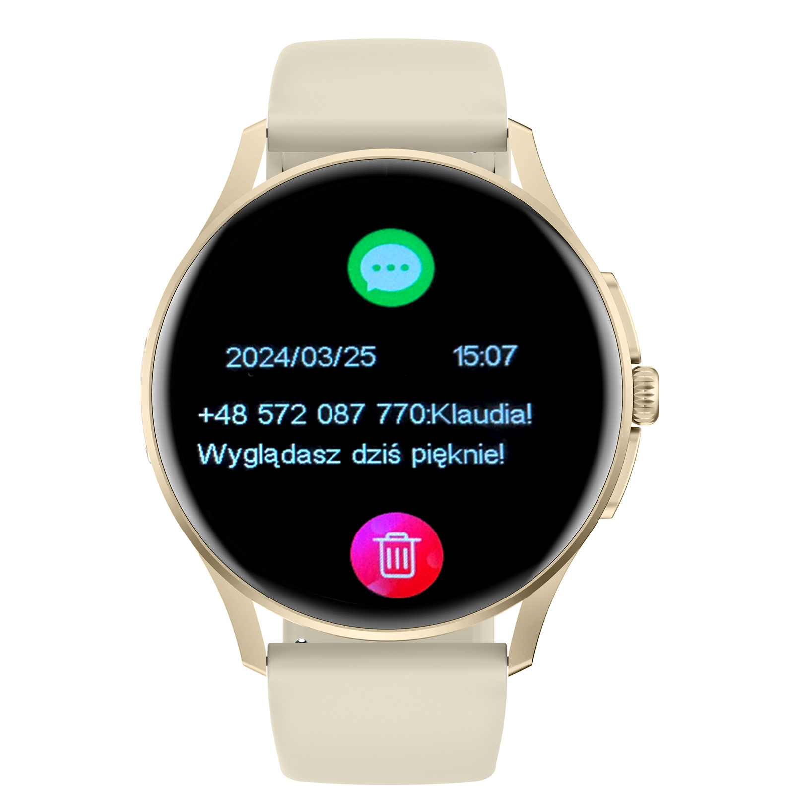 Damski smartwatch Enter Candice na złotym pasku wyświetlający datę, godzinę i treść przychodzącej wiadomości