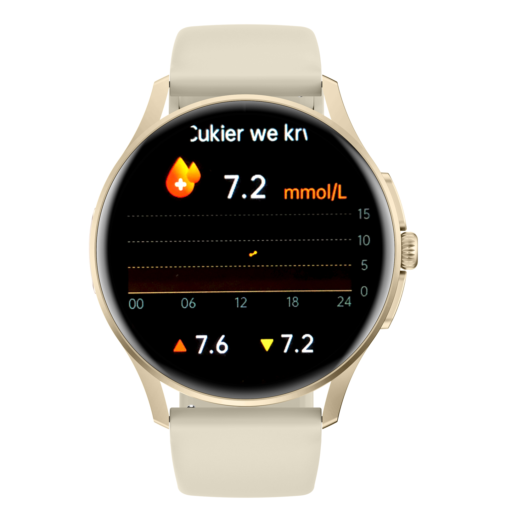 Zegarek Enter Candice na złoty pasku z wyświetlaczem pokazującym poziom cukru we krwi 7.2 mmol/L
