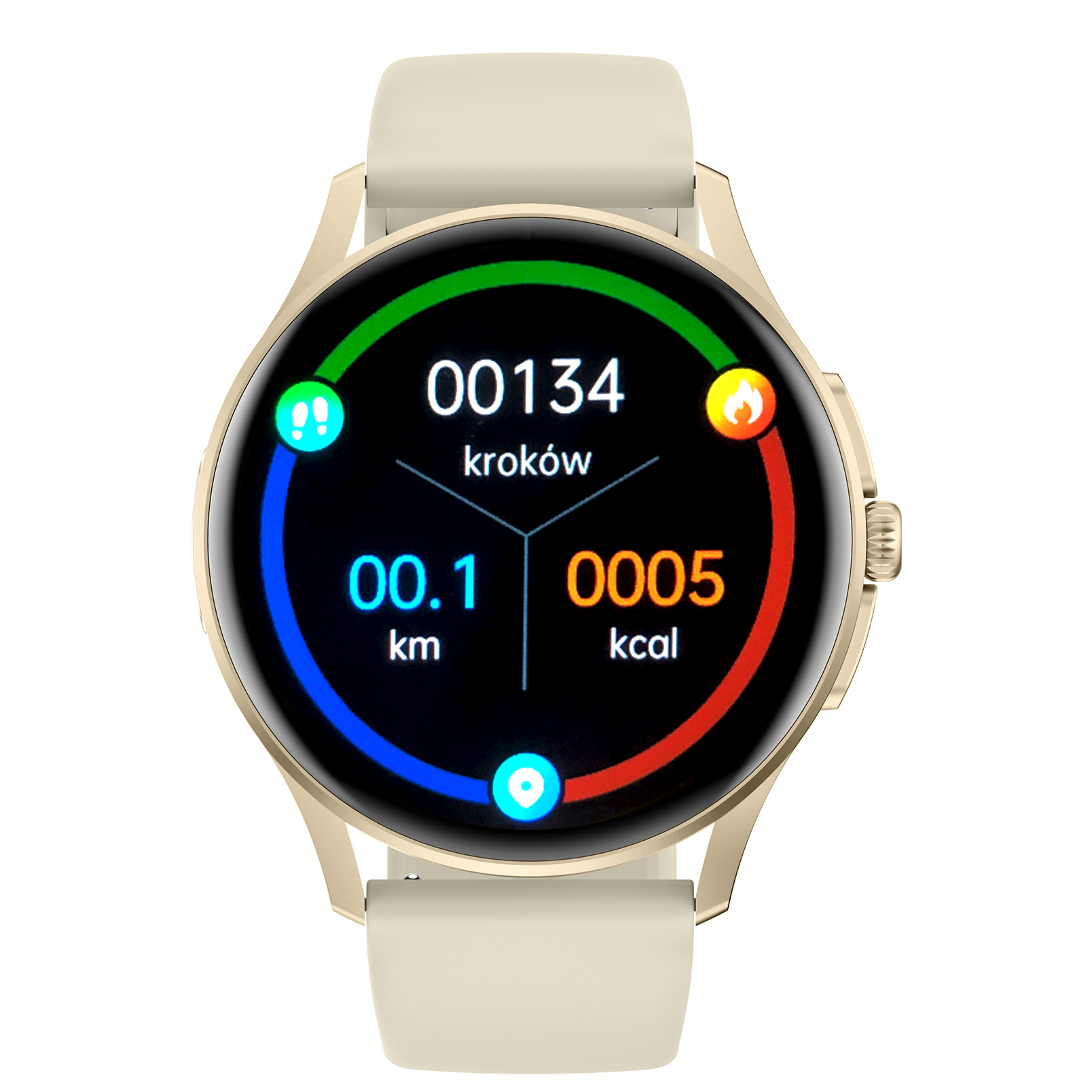 Damski smartwatch Enter Candice na złotym pasku wyświetlający kroki, dystans i spalone kalorie