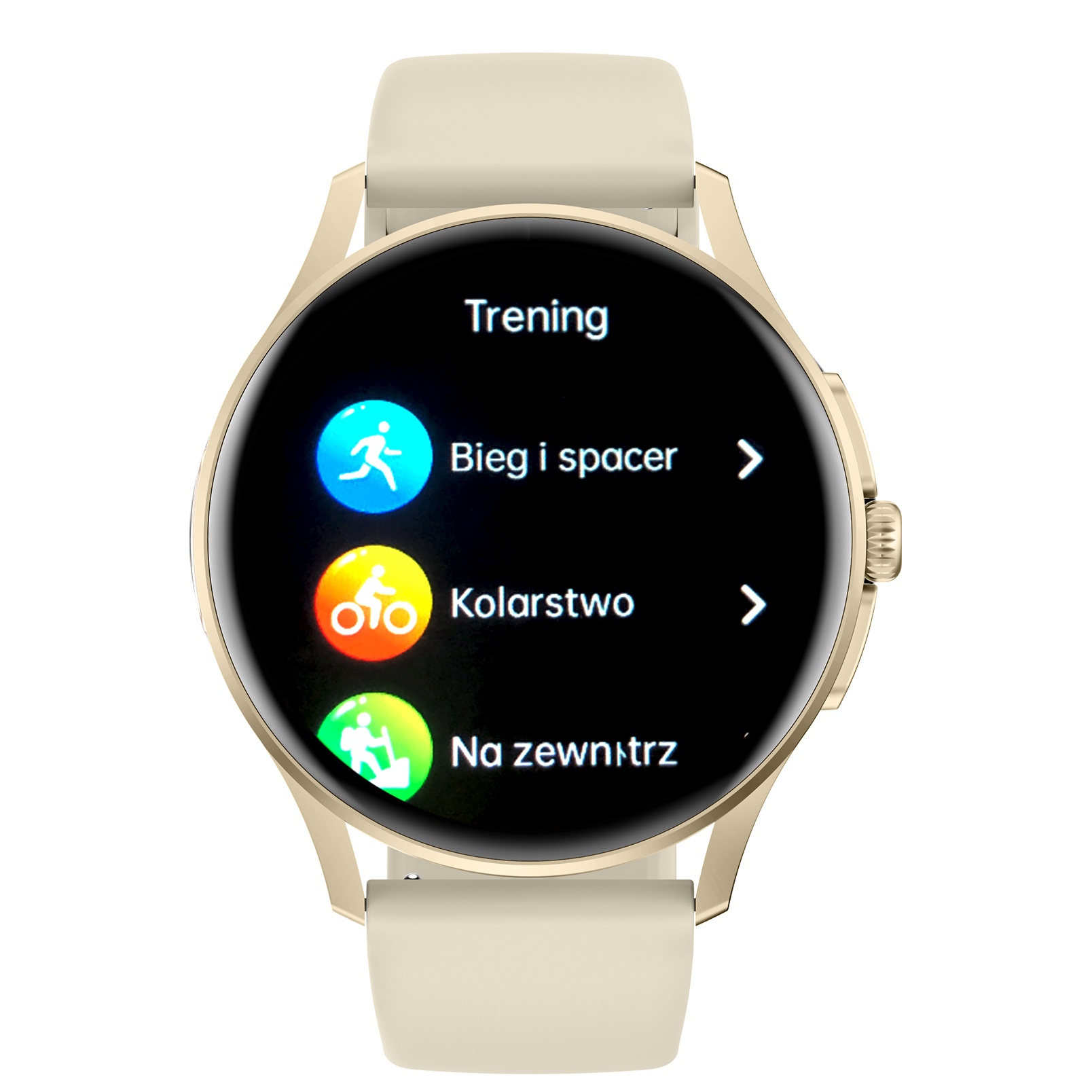 Damski smartwatch Enter Candice na złotym pasku pokazujący menu różnorodnych treningów