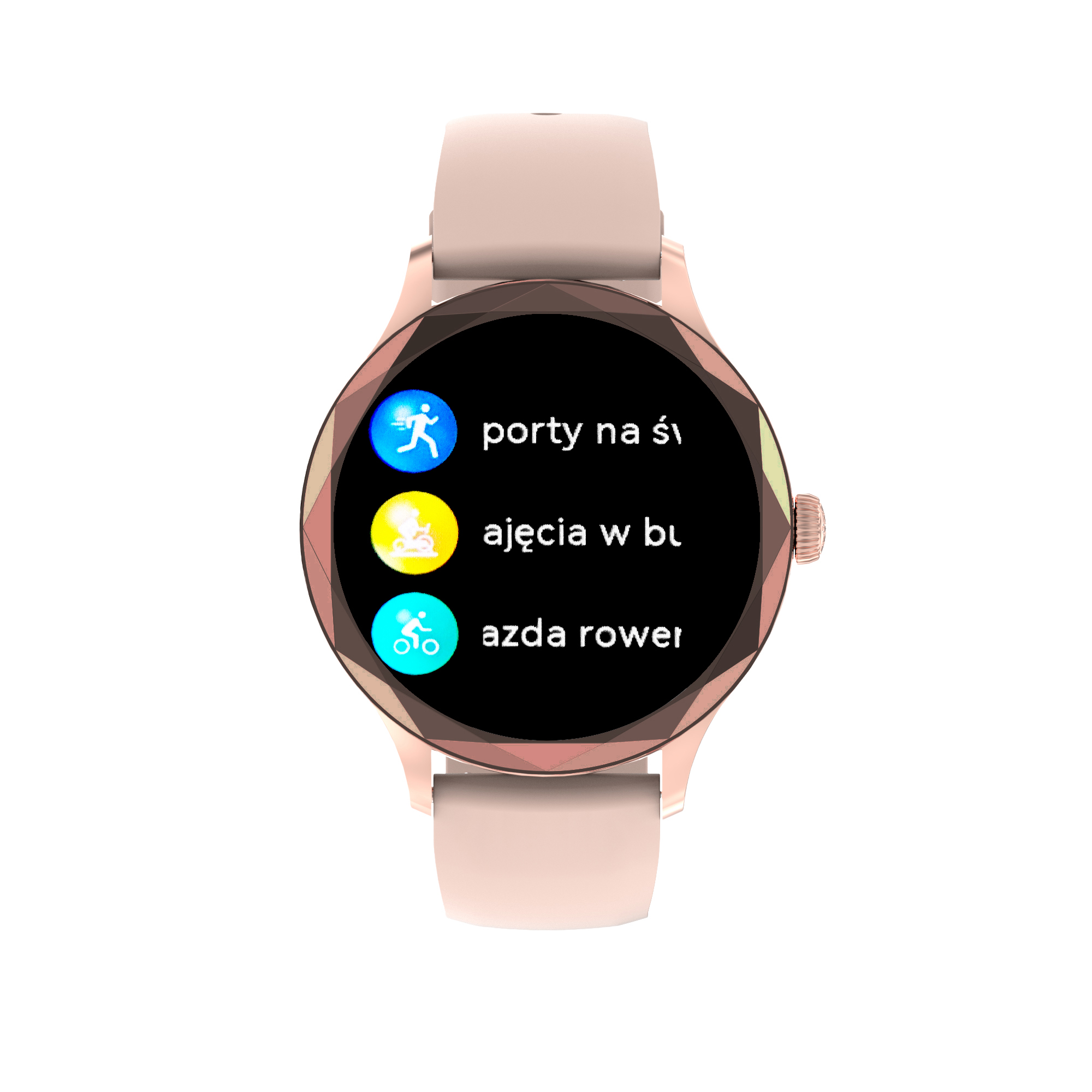 Zegarek smartwatch Enter Diamond z różowym paskiem wyświetla ikony aktywności: biegania, jazdy na rowerze i więcej.