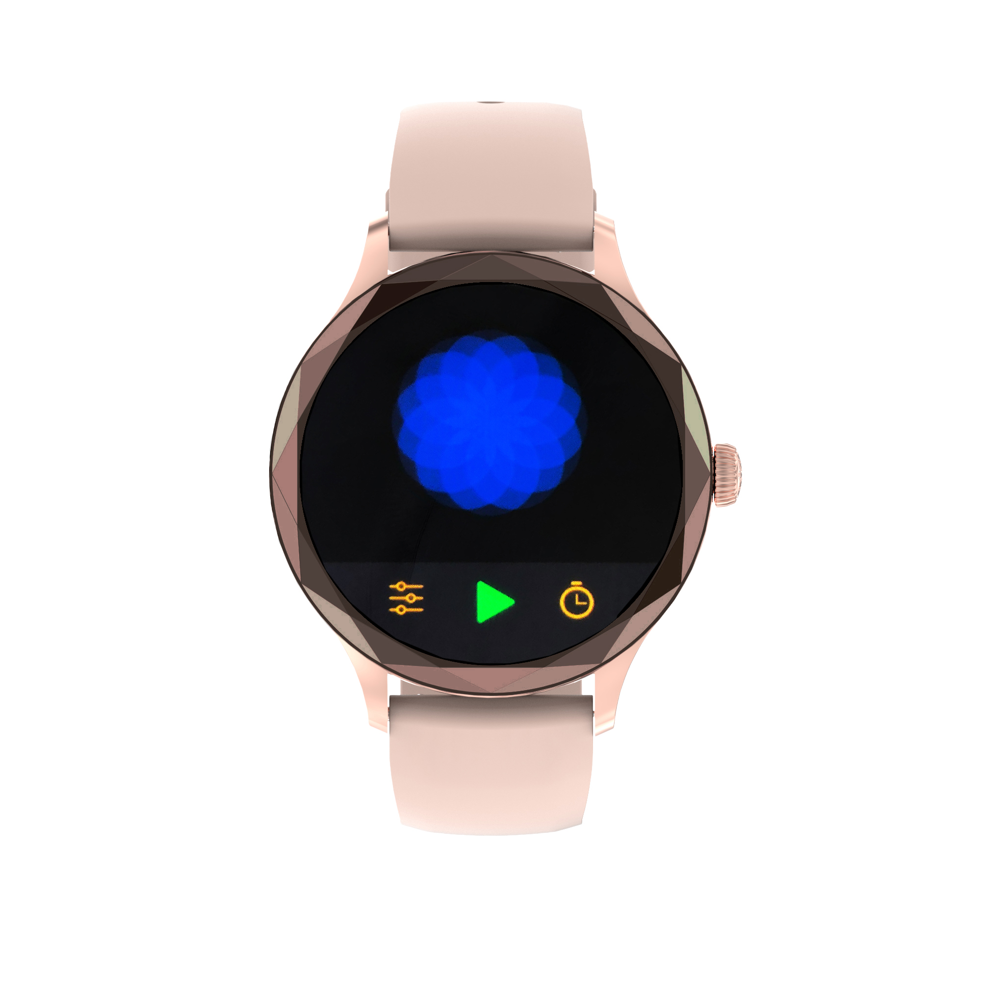 Zegarek smartwatch Enter Diamond z różowozłotym paskiem i czarną tarczą z niebieskimi kwiatowymi wzorami.