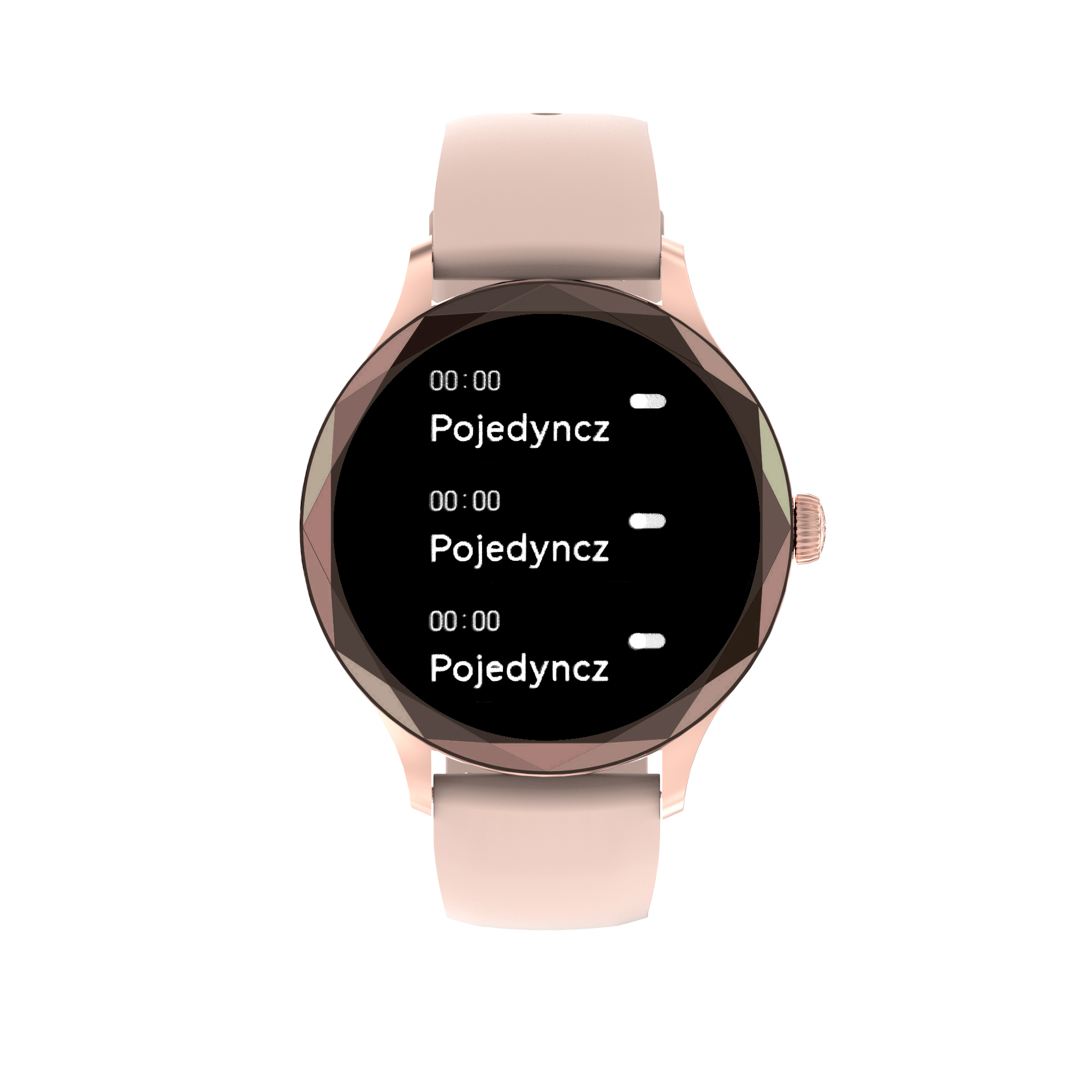 Różowe złoto smartwatch Enter Diamond z kwadratową tarczą i różowym paskiem, wyświetlający trzy razy napis Pojedyncz.