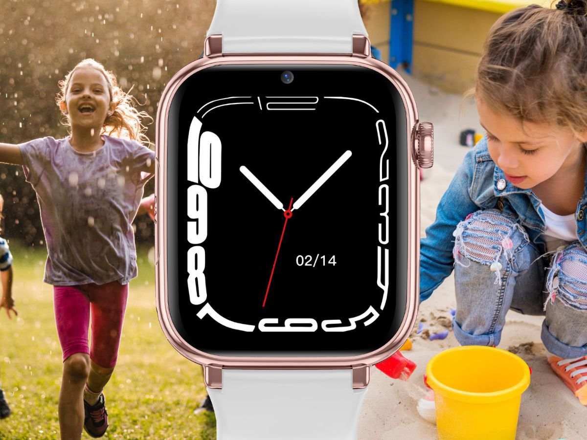 Smartwatch Enter Minis 4G w różowozłotej kopercie na tle bawiących się dziewczynek