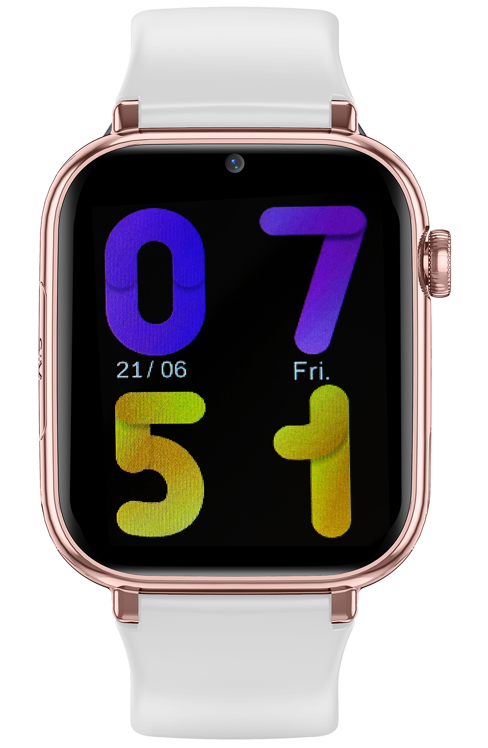 Różowy smartwatch Enter Minis z wyświetlaczem pokazującym postać animowanego królika z wyrazem twarzy zdumienia i czas.