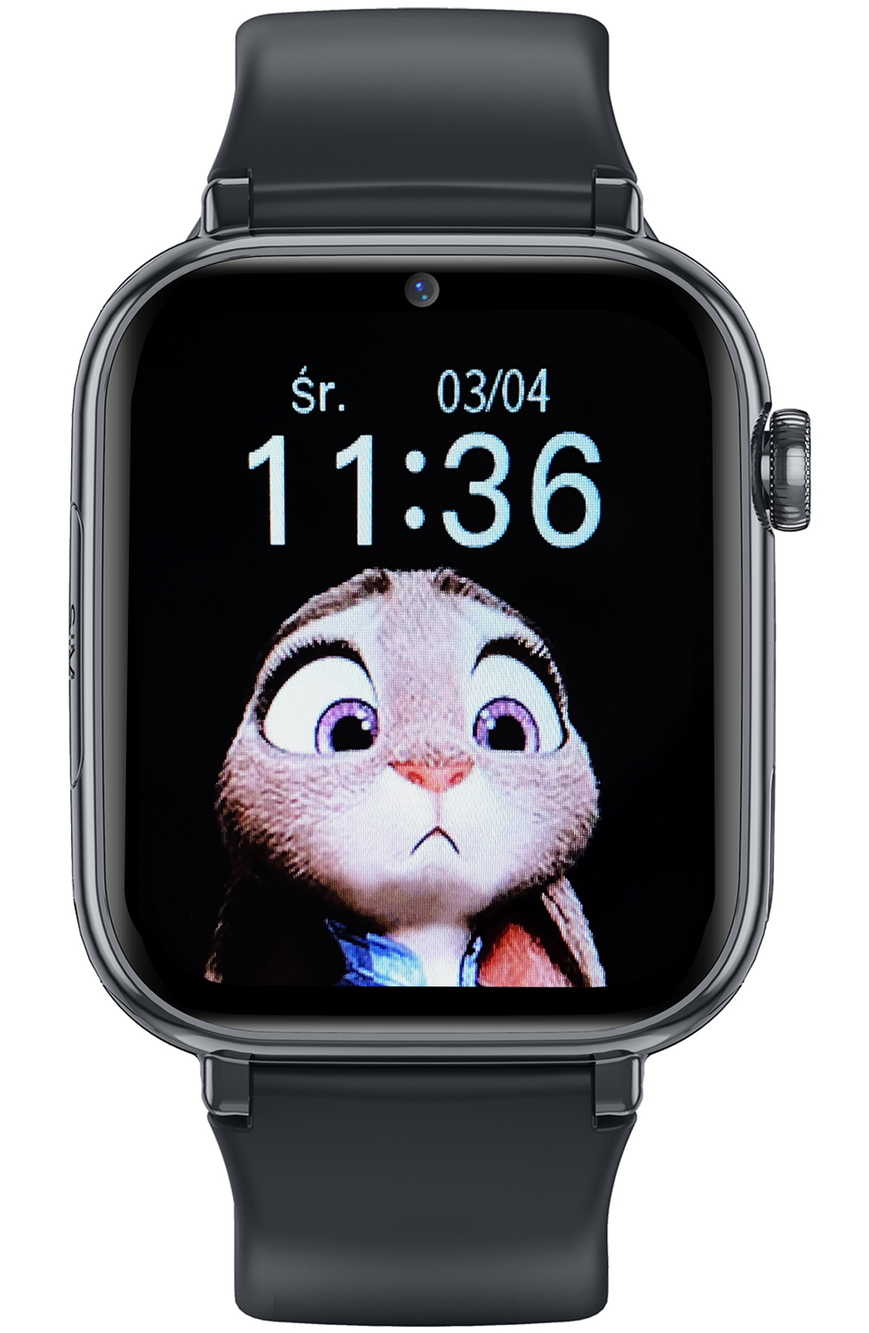 Różowy smartwatch Enter Minis z wyświetlaczem pokazującym postać animowanego królika z wyrazem twarzy zdumienia i czas.