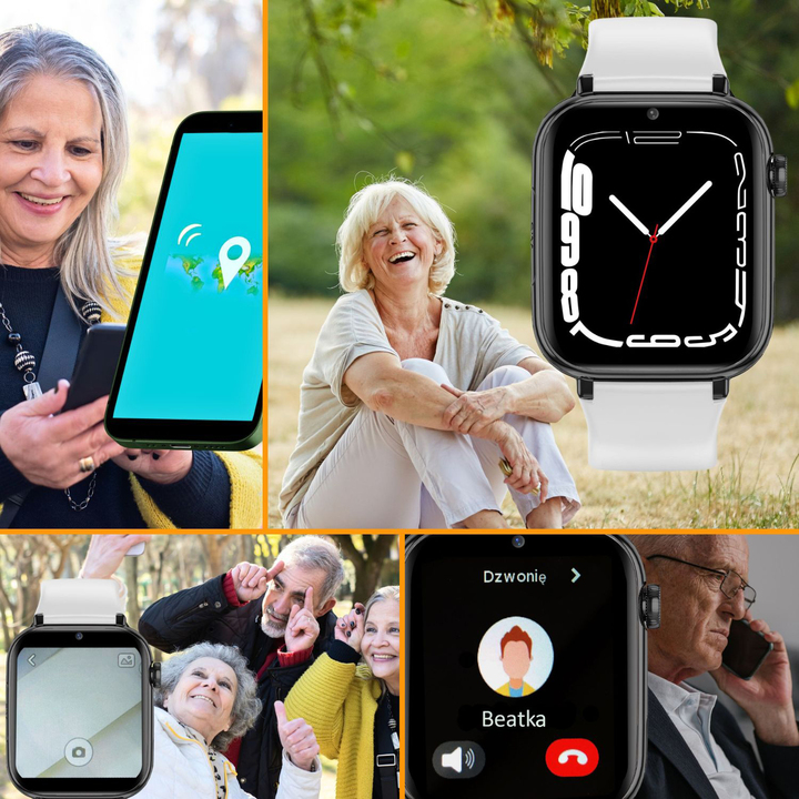 Kolaż zawierający starsze osoby używające nowoczesnych urządzeń: smartfonu i smartwatcha.