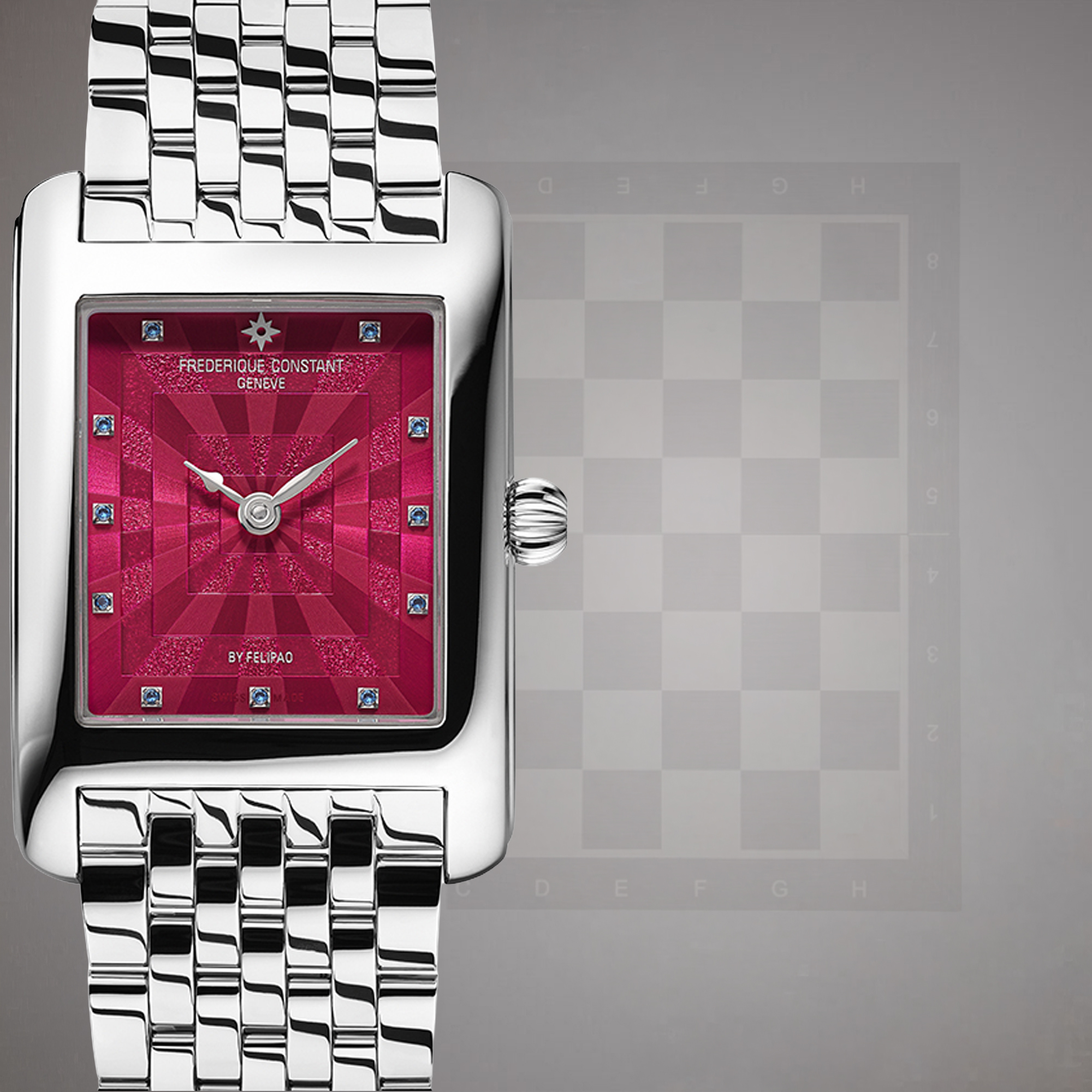 Prostokątny cyferblat zegarka Frederique Constant w stylu szachownicy