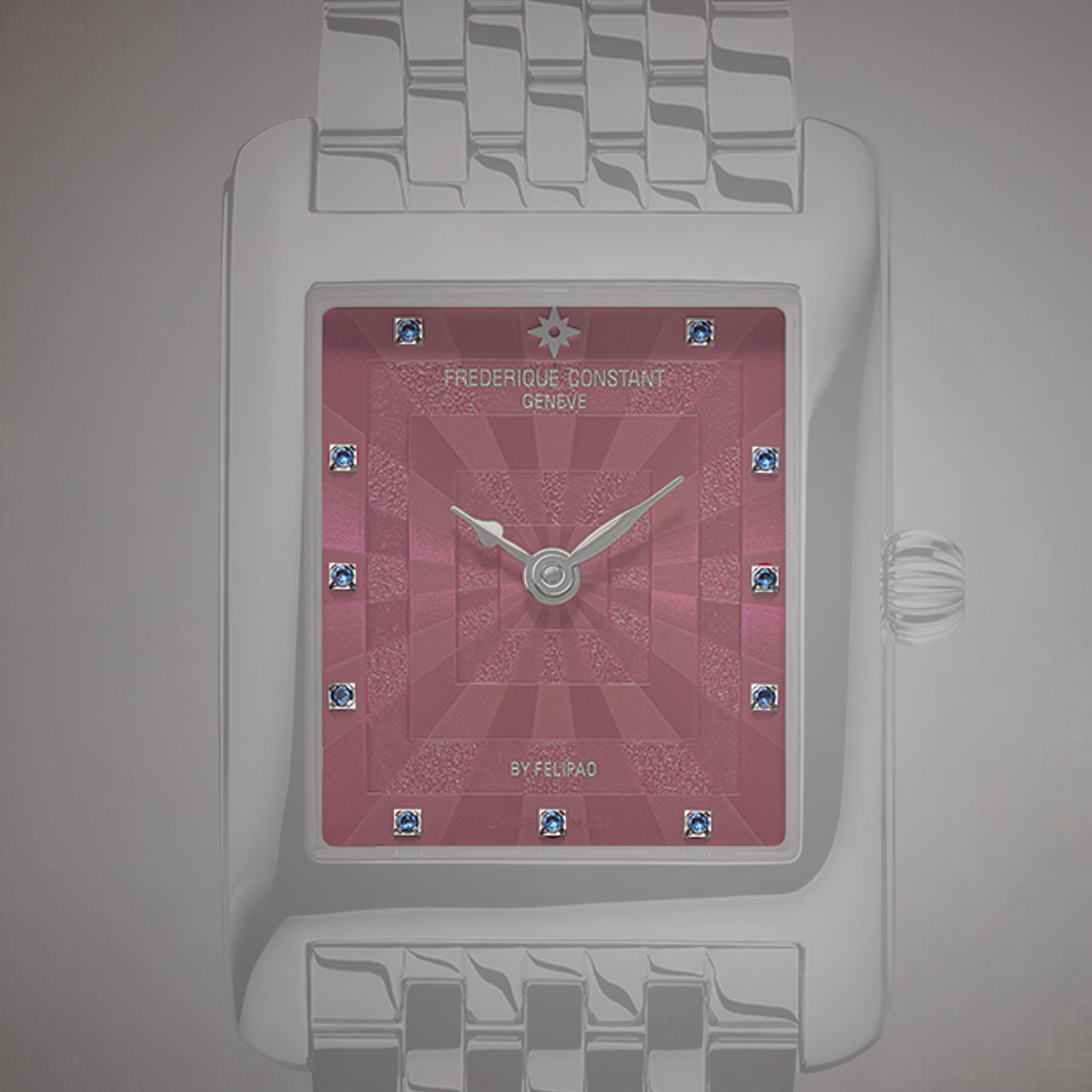 Błękitne kryształy swarovskiego na fuksjowym cyferblatem zegarka Frederique Constant 
