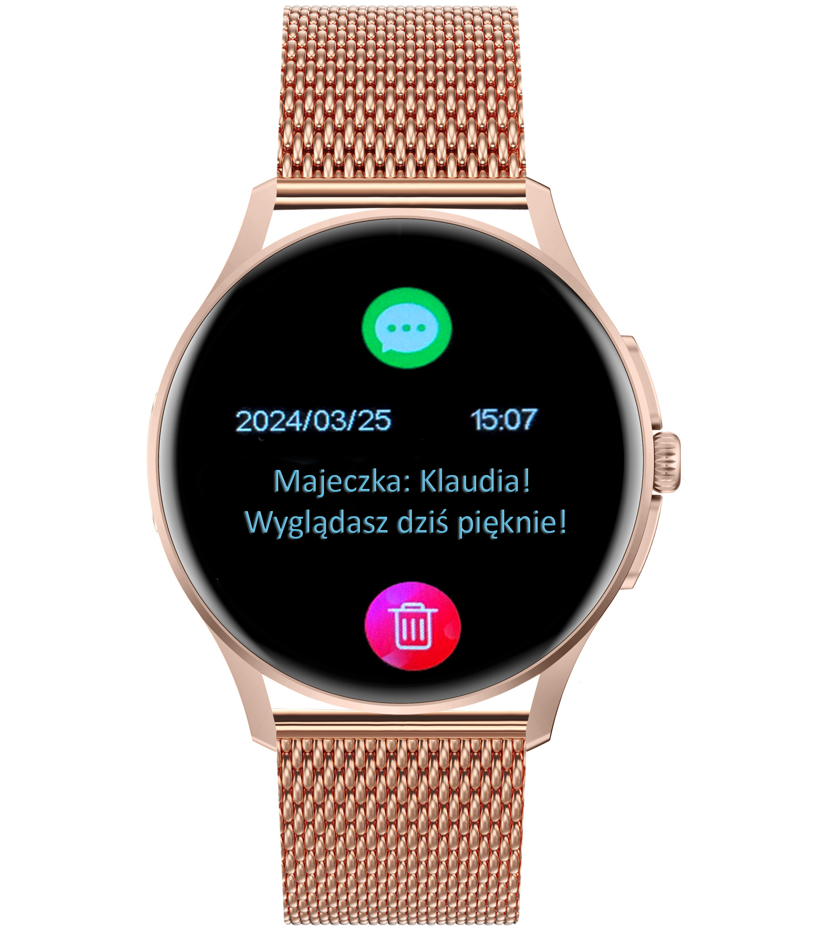 Damski smartwatch Enter Candice na różowej bransolecie mesh wyświetlający datę, godzinę i treść przychodzącej wiadomości