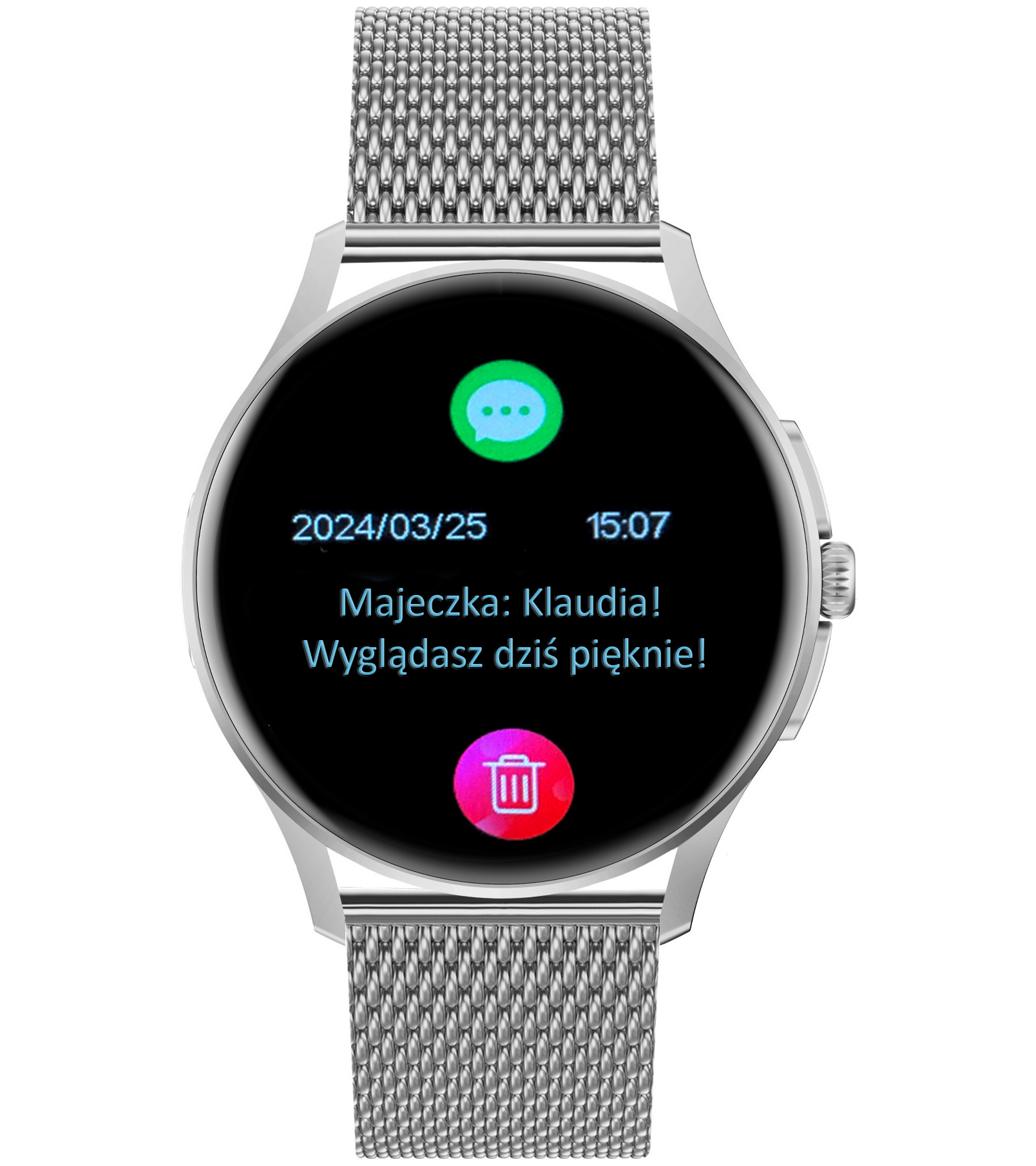 Damski smartwatch Enter Candice na srebrnej bransolecie mesh wyświetlający datę, godzinę i treść przychodzącej wiadomości