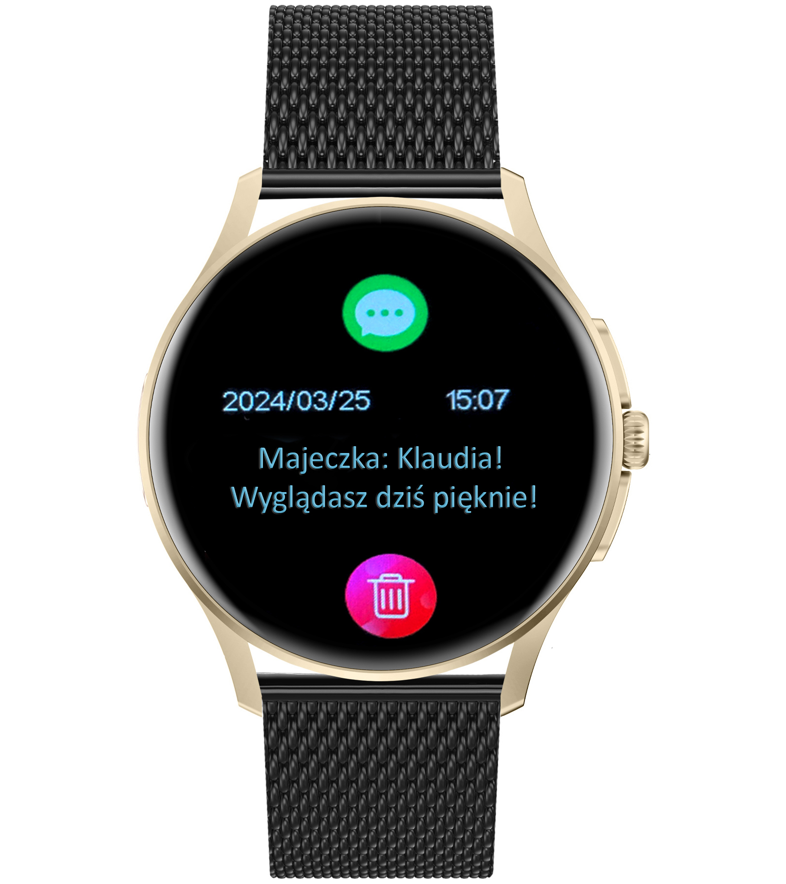 Damski smartwatch Enter Candice na czarnej bransolecie mesh wyświetlający datę, godzinę i treść przychodzącej wiadomości